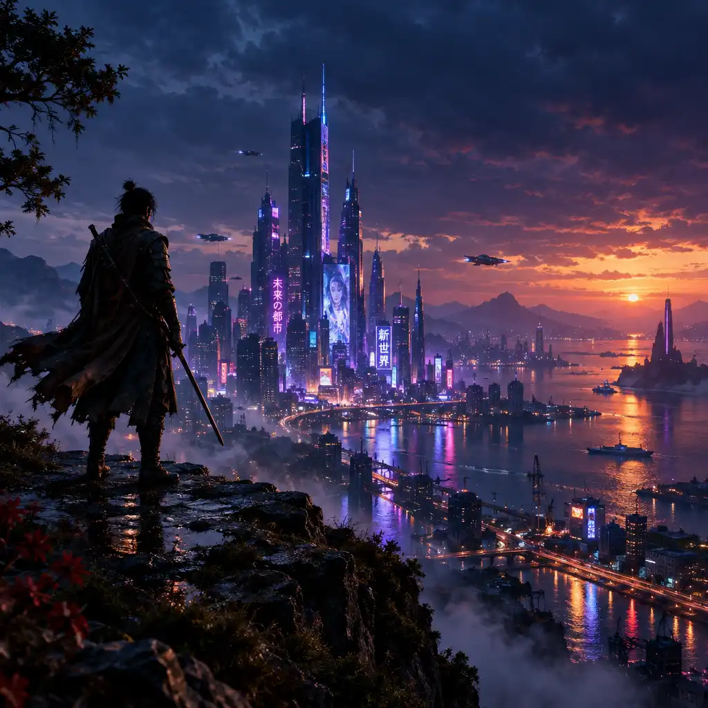 A lone warrior stands on a cliff overlooking a futuristic city at dusk, with neon lights reflecting on wet streets
