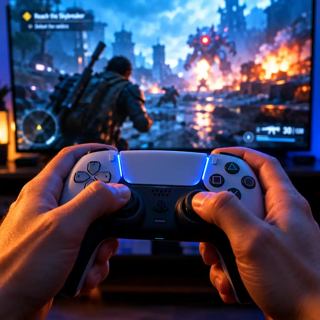 A gamer's hands holding a modern game controller with a blurred action game on a TV screen in the background