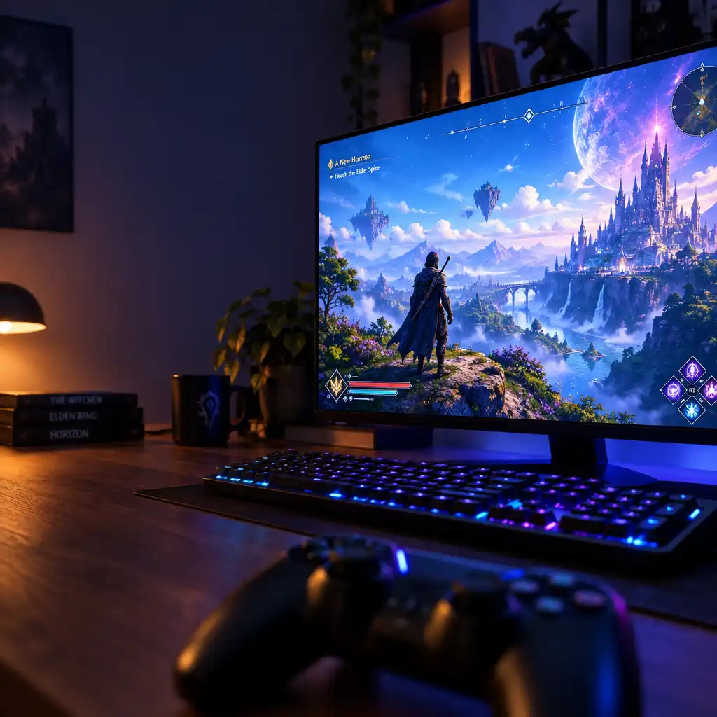 A modern gaming setup with a large monitor displaying a vibrant fantasy game world, a mechanical keyboard, and a game controller on a desk