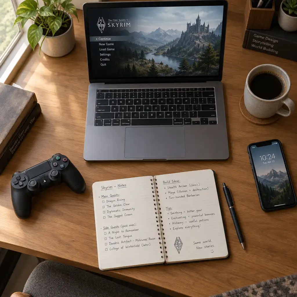 A top-down view of a gaming desk with a laptop, game controller, and a notebook with handwritten notes