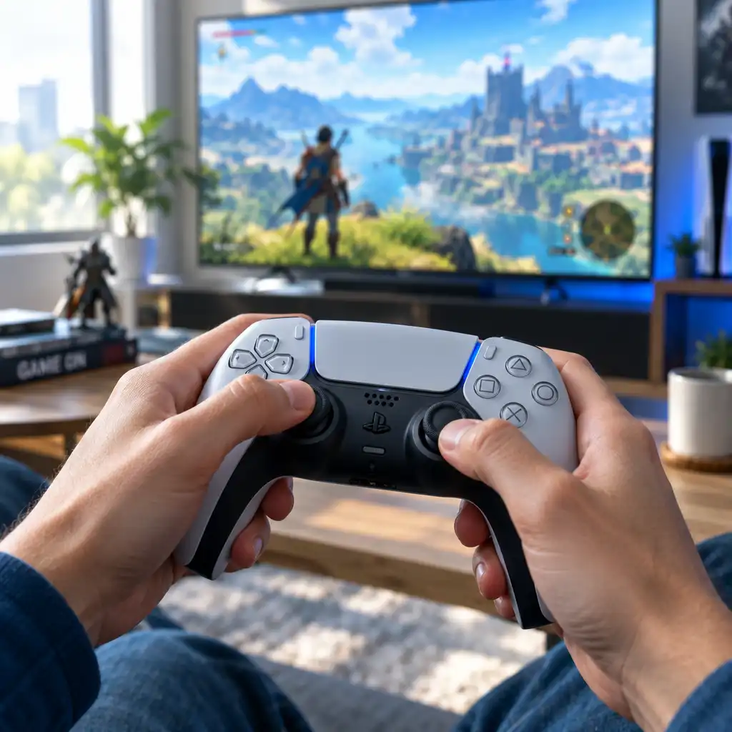 Hands holding a modern game controller in front of a blurred open-world game screen