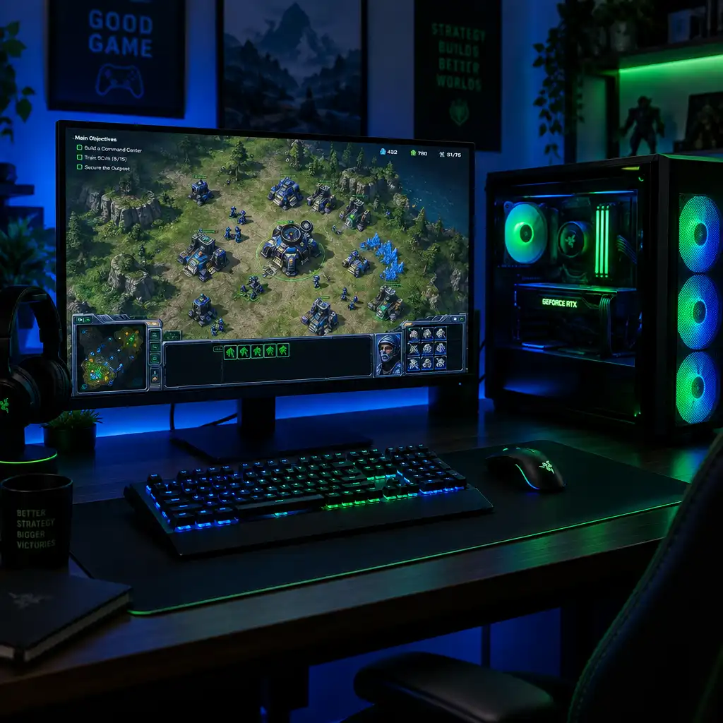 PC gaming setup with tower, mechanical keyboard, mouse, and monitor showing a strategy game