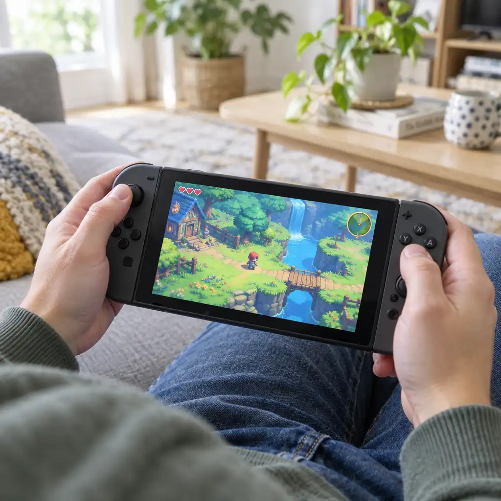 Person playing a colourful indie game on a handheld console while sitting on a couch
