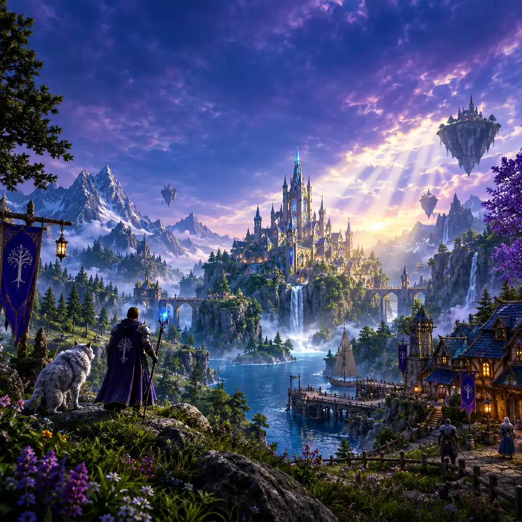 Fan-made total conversion mod showing a redesigned fantasy landscape with custom buildings and characters