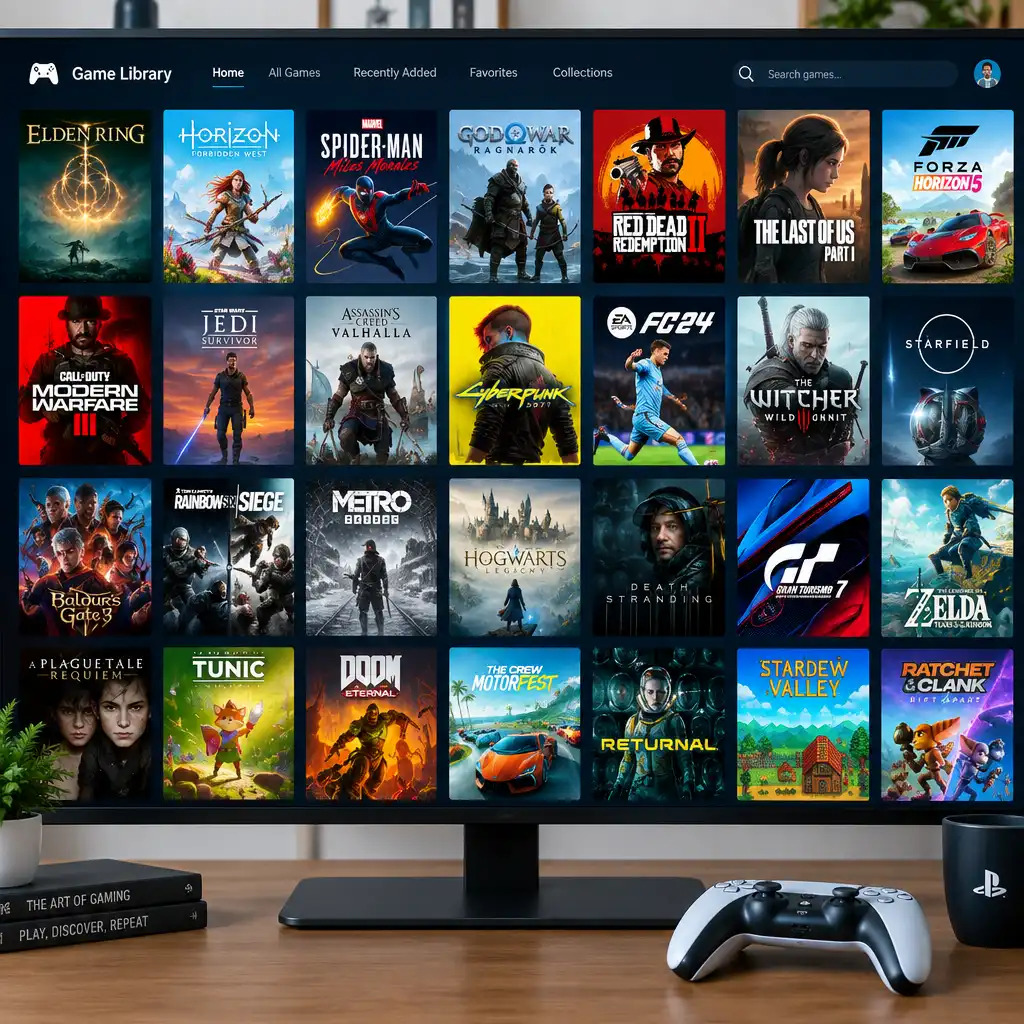 Digital library interface with many game covers arranged in a grid on a large monitor