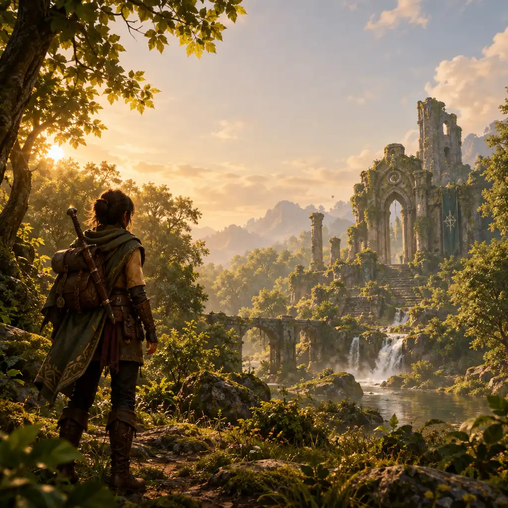 Lone adventurer in a lush forest looking towards a mysterious ruin
