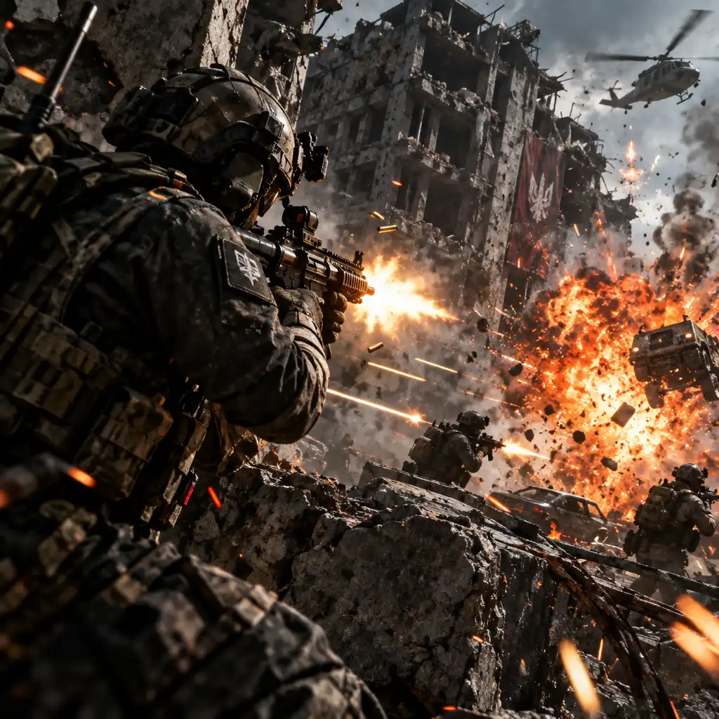 Player character in mid-combat with explosions and gunfire in an urban map