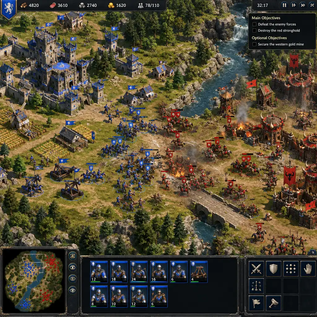 Battlefield scene from a real-time strategy game with units and structures