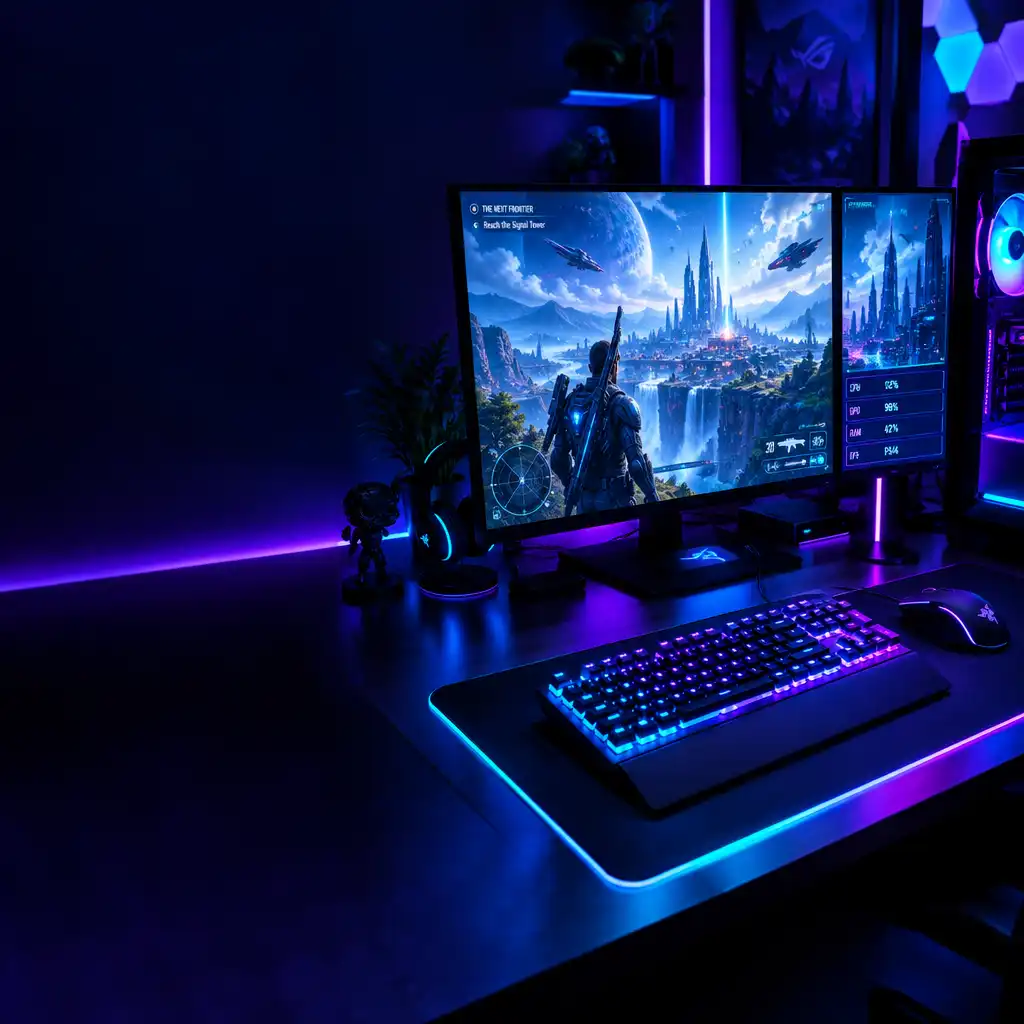 High-end gaming PC setup with RGB lighting and multiple monitors displaying a futuristic game