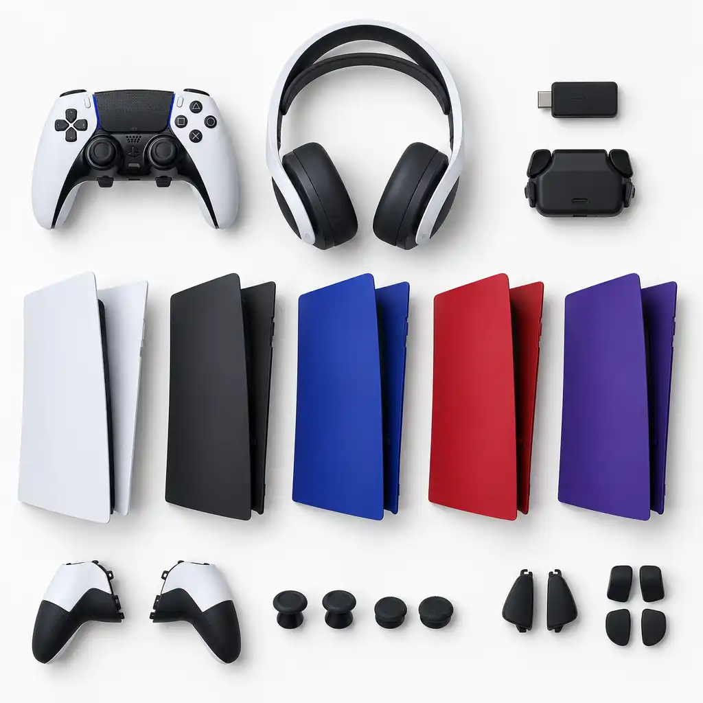 Flat lay of PlayStation 5 accessories including DualSense Edge controller, Pulse 3D headset, and console covers