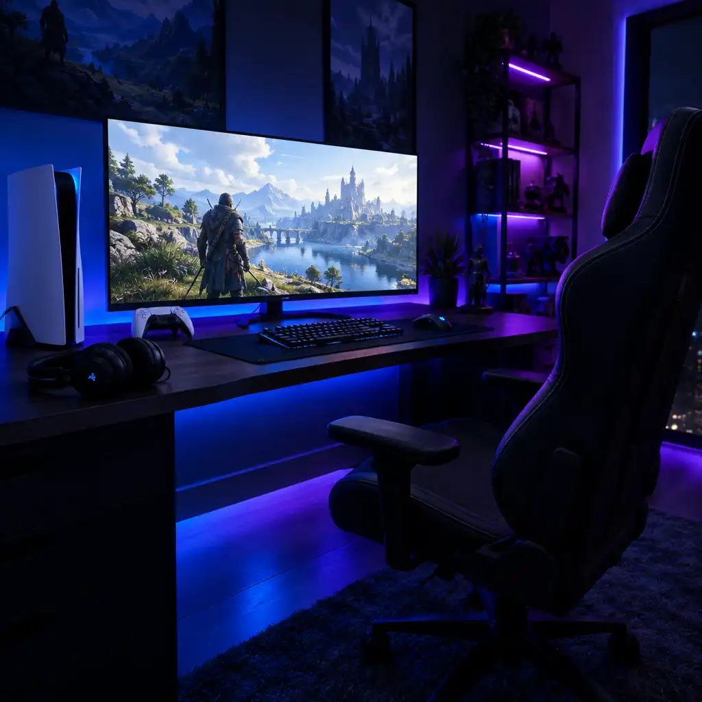 PlayStation 5 gaming setup with ambient LED lighting and a large monitor