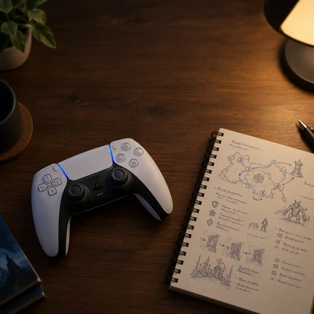 DualSense controller and notepad with handwritten guide notes on a desk