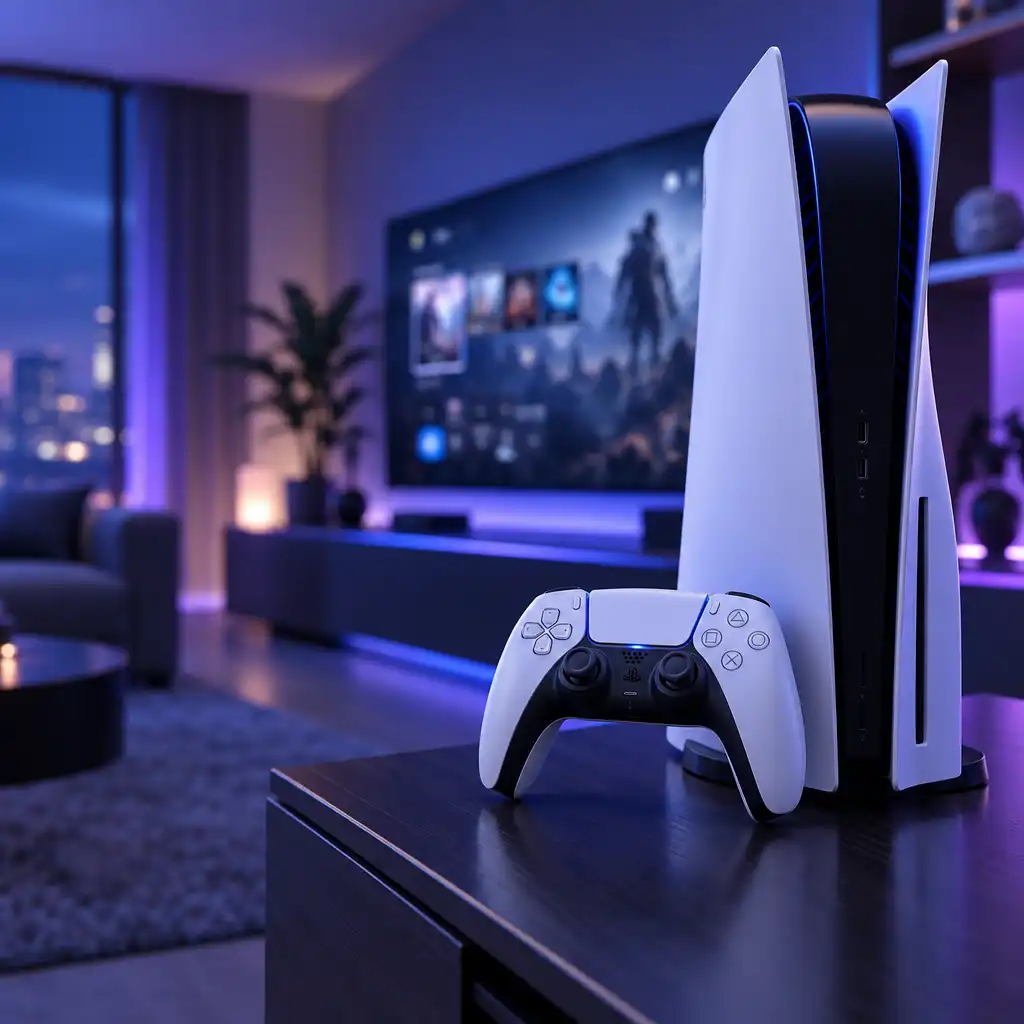 PlayStation 5 console with DualSense controller on a modern entertainment unit