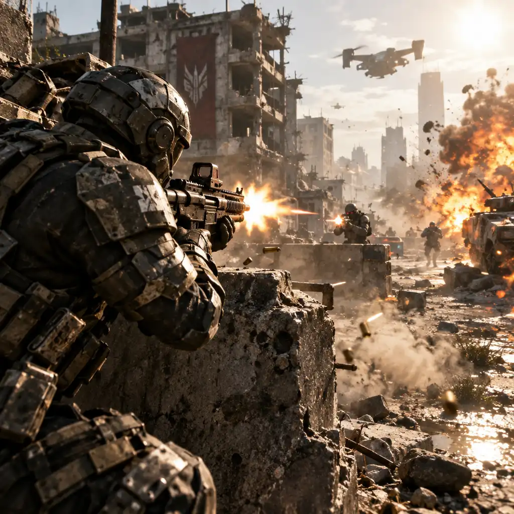 A soldier in futuristic armour takes cover behind a concrete barrier in a war-torn urban environment