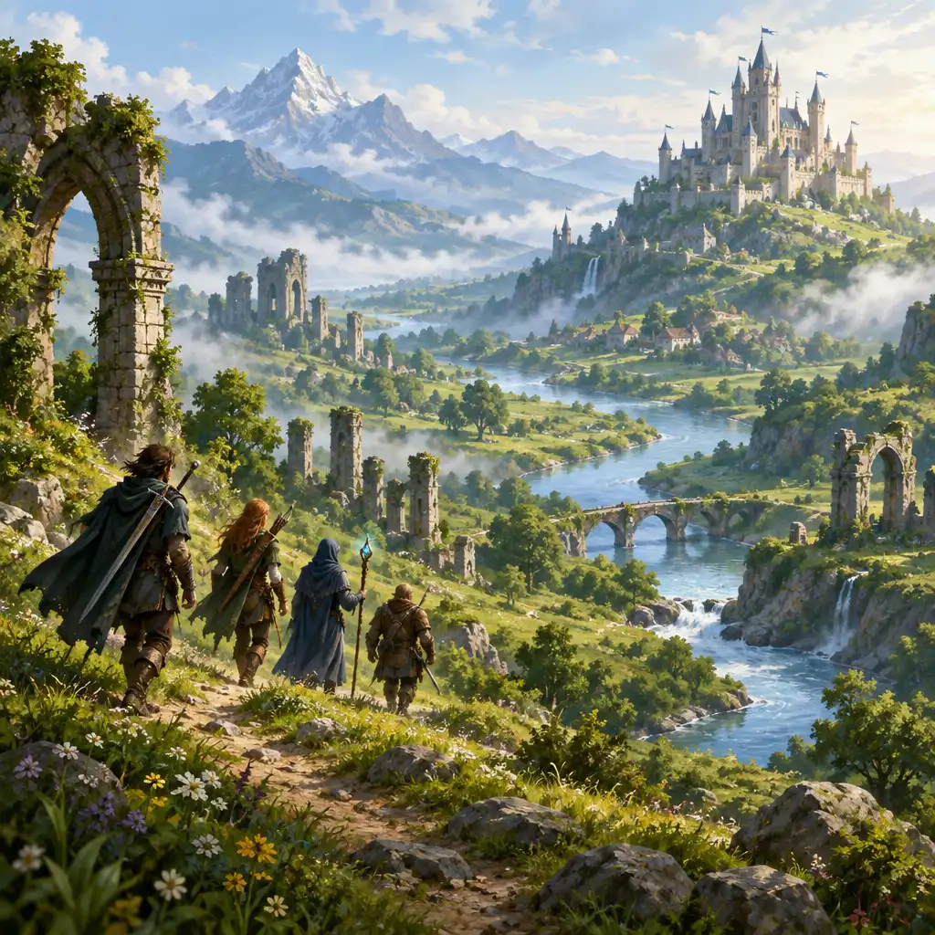 A group of adventurers walks through a lush green valley with ancient ruins and a distant castle