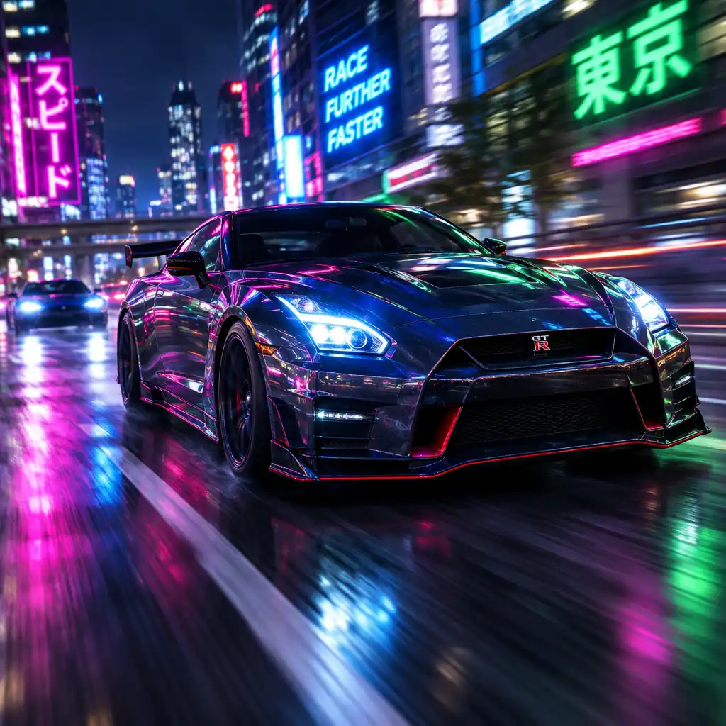 A sleek sports car speeds down a neon-lit city street at night with motion blur on the background