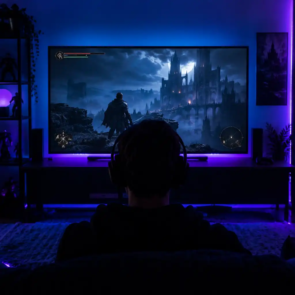 Gamer silhouetted against a large screen showing a dark game world in a dimly lit room