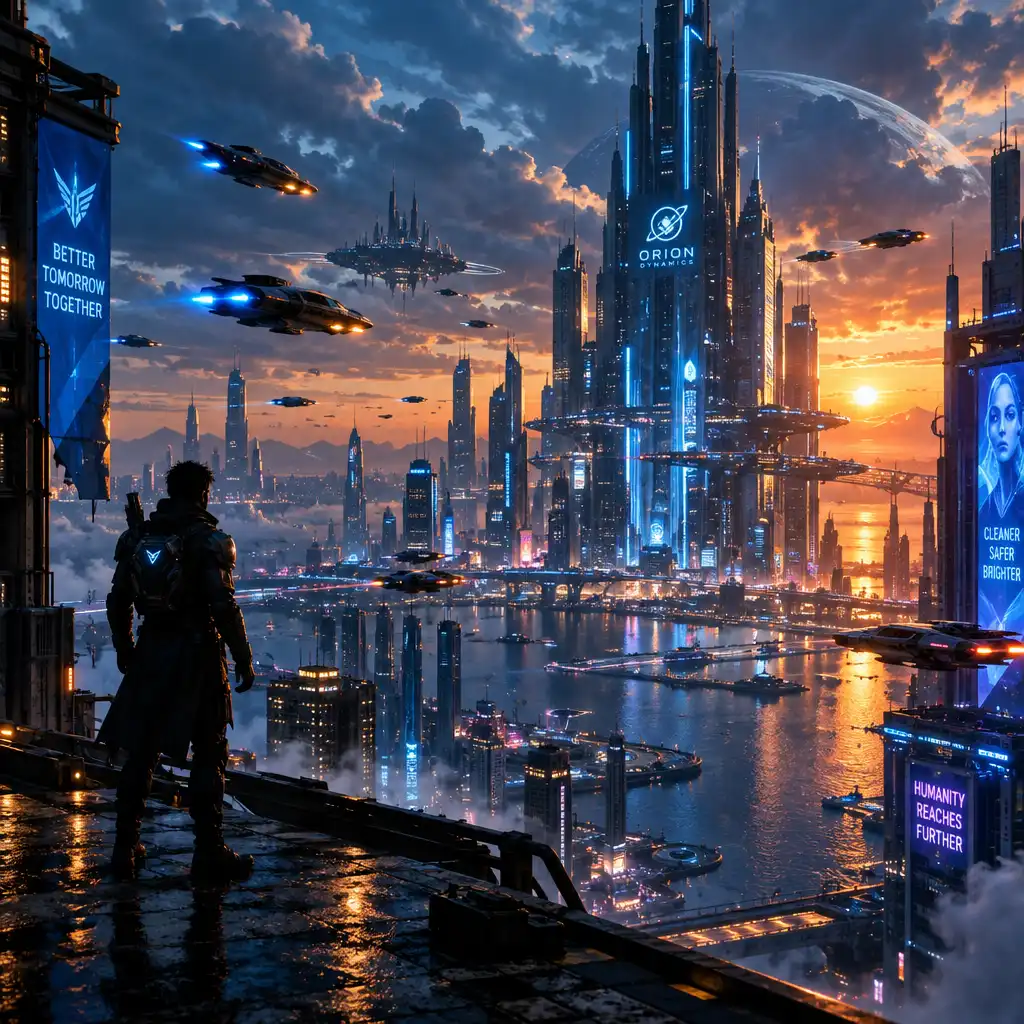 Futuristic sci-fi cityscape with neon lights and flying vehicles