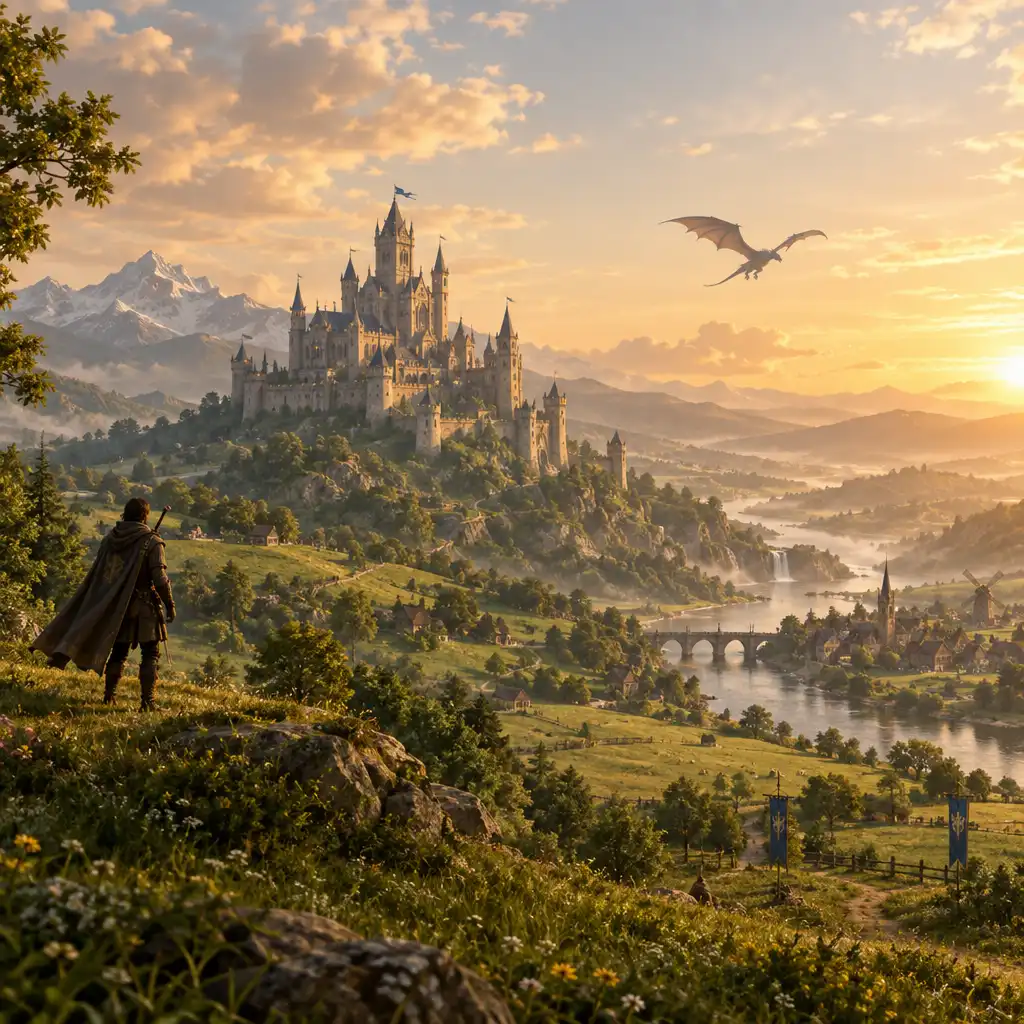 Fantasy open-world landscape with a medieval castle and a dragon in the distance