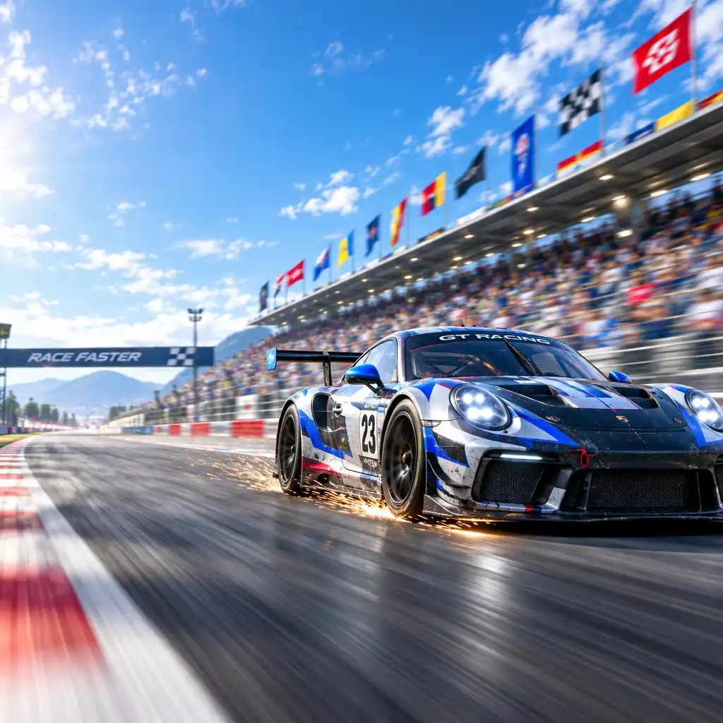 High-speed racing scene with a sports car on track and motion blur