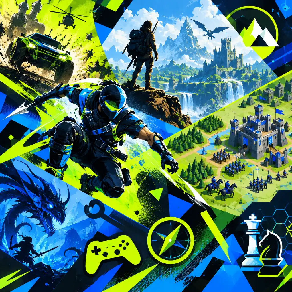 Abstract collage representing a variety of game genres with green and blue accents