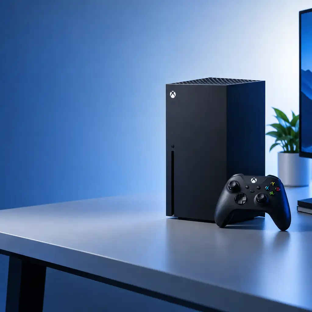 Xbox Series X console on a minimalist desk with a controller beside it