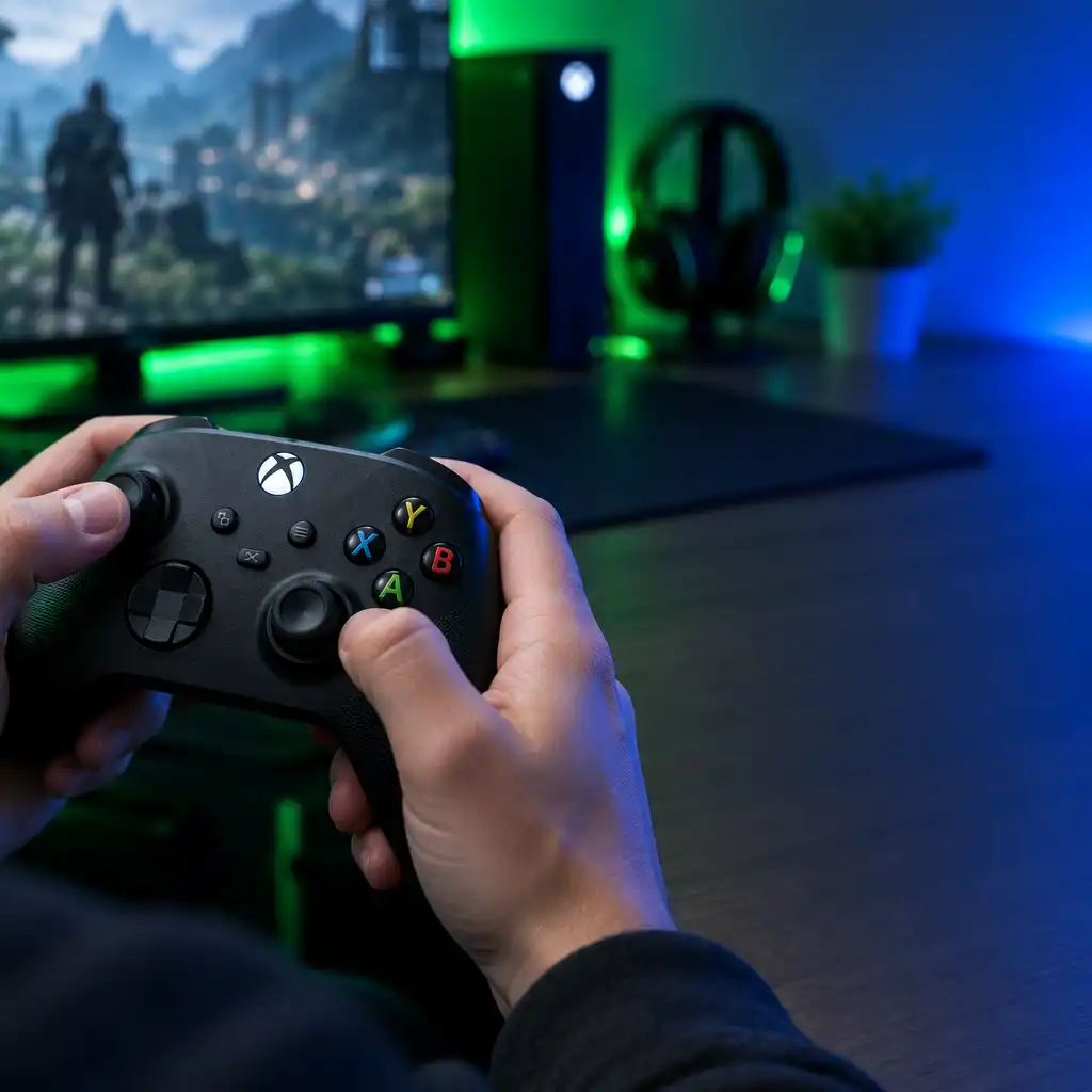 Close-up of an Xbox wireless controller held in a player's hands