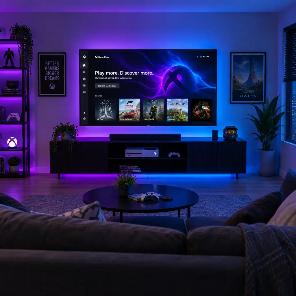Modern gaming room with a large TV displaying an abstract gaming interface and an Xbox console below